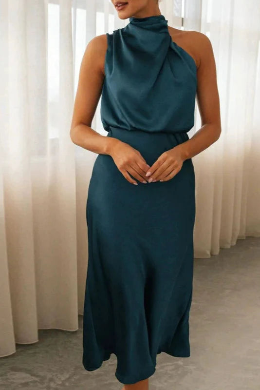 Benthe - Lange Satijnen Jurk met Halternek